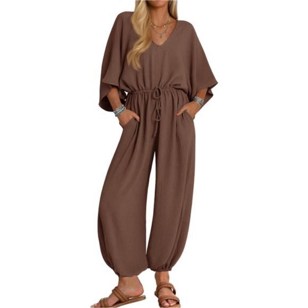 BROWN Women's Short Sleeve V Neck One Piece Jumpsuits Summer Casual Overalls